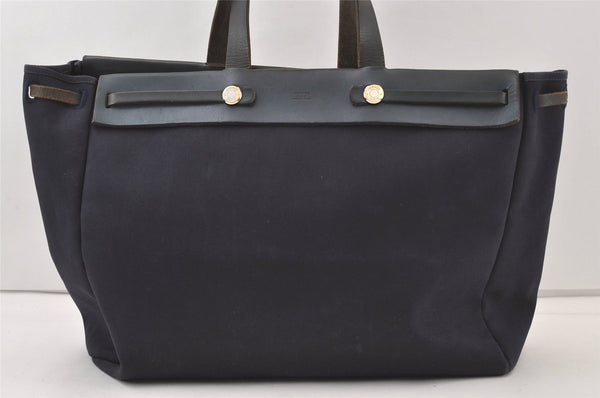 Auth HERMES Her Bag Cabas GM & GM 2Way Tote Bag Canvas Leather Navy 0150K