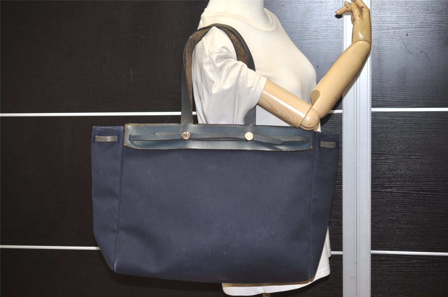 Auth HERMES Her Bag Cabas GM & GM 2Way Tote Bag Canvas Leather Navy 0150K