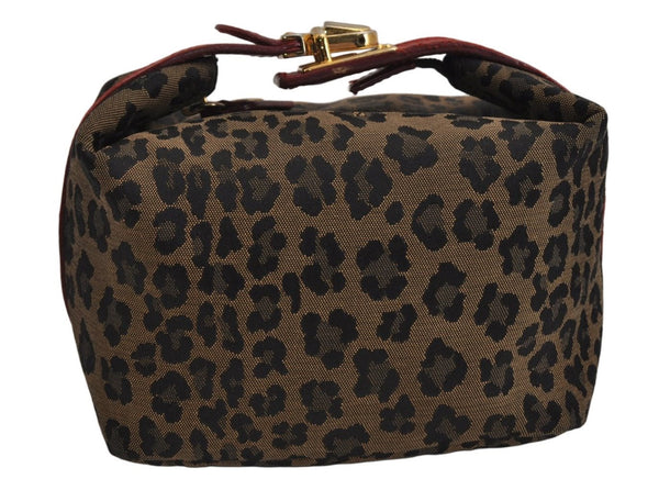 Authentic FENDI Leopard Pattern Hand Bag Pouch Purse Canvas Leather Brown 0154K