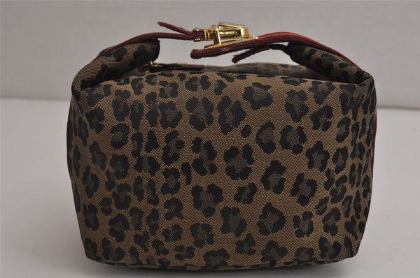 Authentic FENDI Leopard Pattern Hand Bag Pouch Purse Canvas Leather Brown 0154K