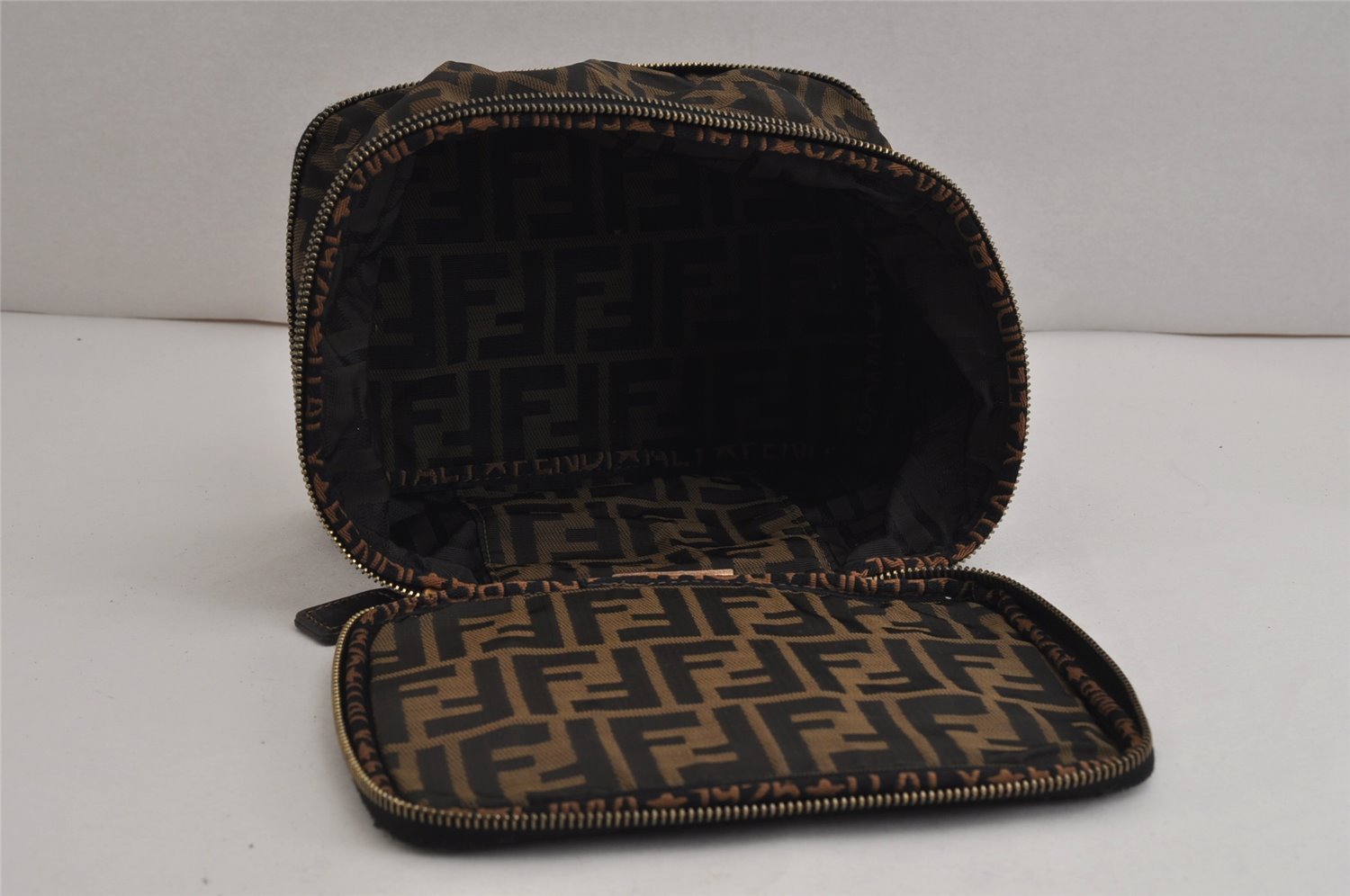 Authentic FENDI Zucca Folding Vanity Bag Pouch Nylon Leather Brown 0155K