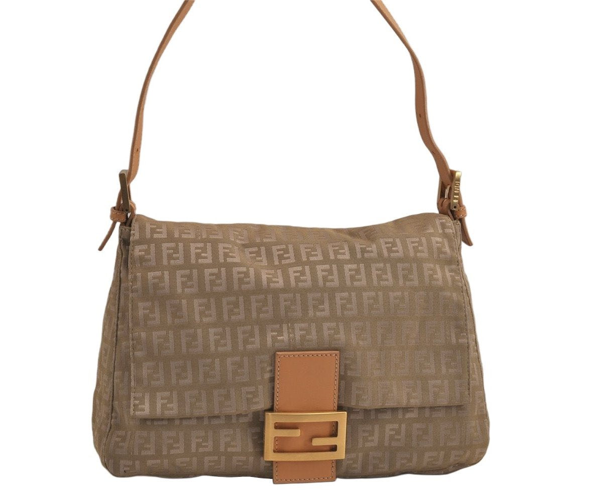 Auth FENDI Zucchino Mamma Baguette Shoulder Bag Canvas Leather Beige 0157K