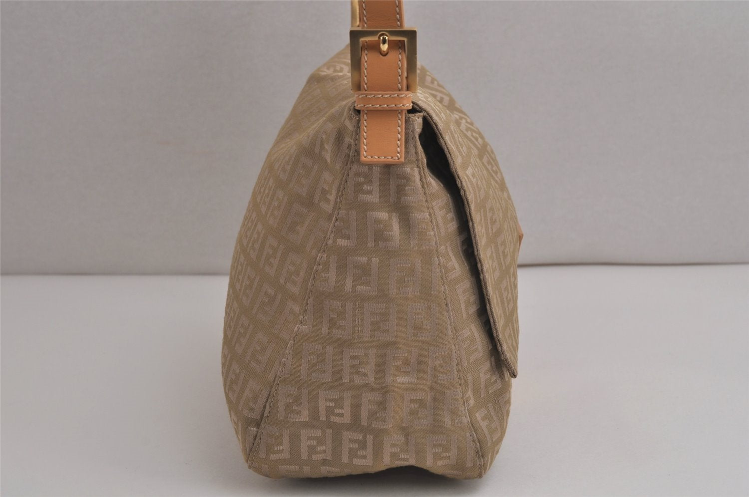 Auth FENDI Zucchino Mamma Baguette Shoulder Bag Canvas Leather Beige 0157K