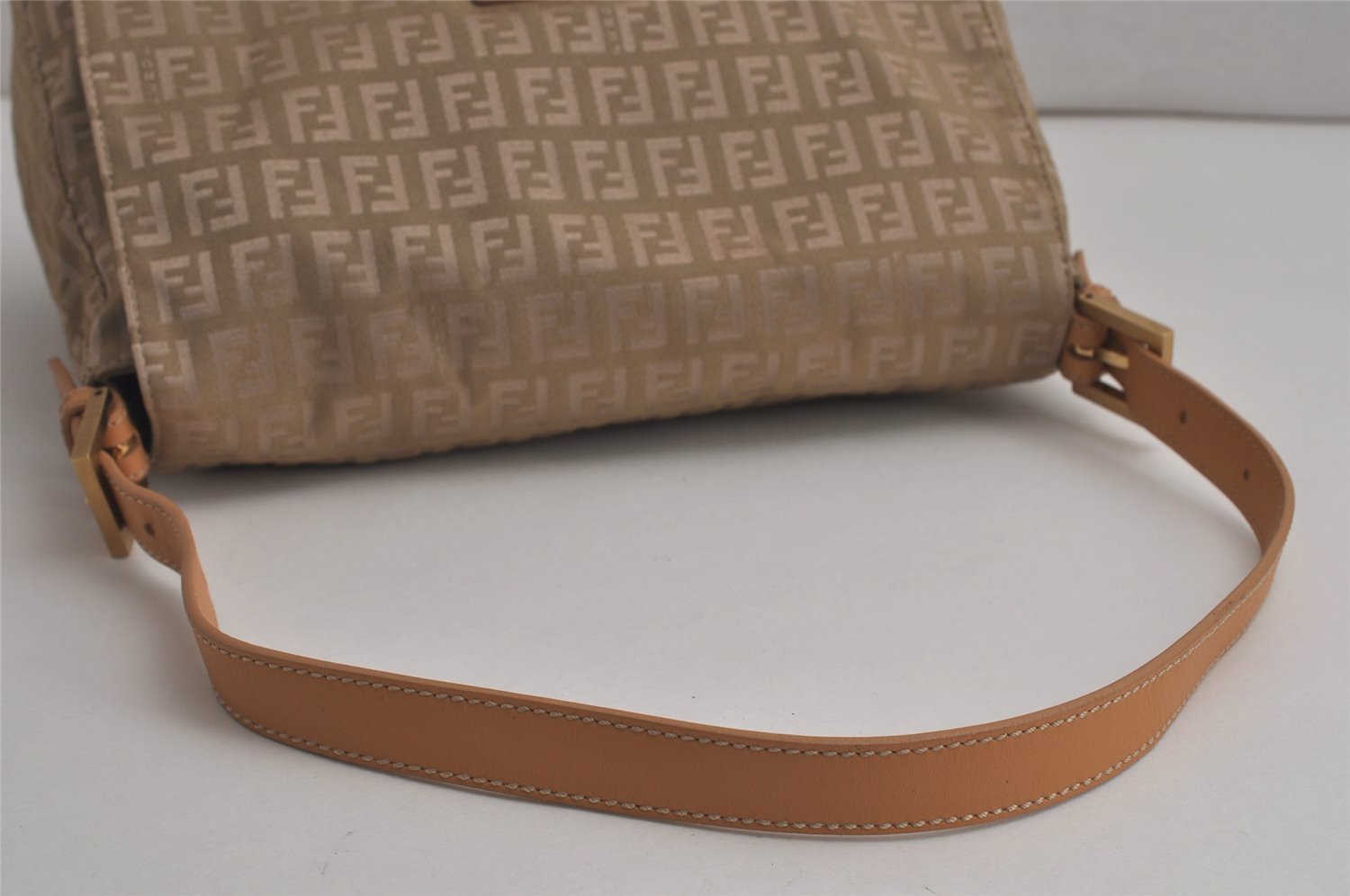 Auth FENDI Zucchino Mamma Baguette Shoulder Bag Canvas Leather Beige 0157K