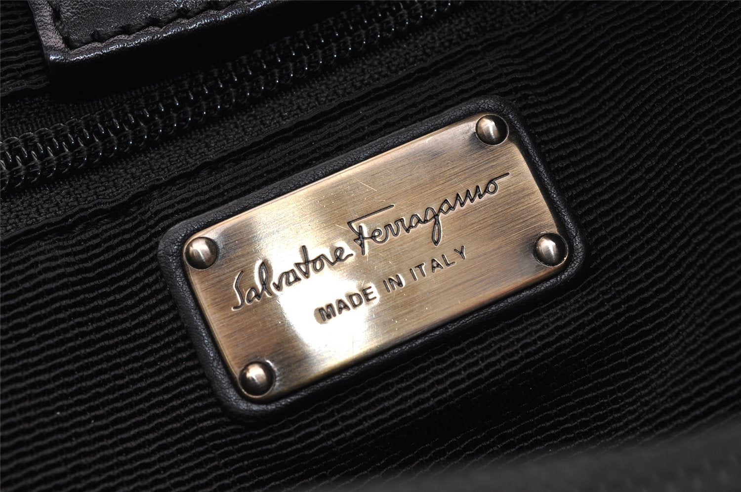 Authentic Salvatore Ferragamo Vara Ribbon Nylon Leather Hand Bag Black SF 0166I