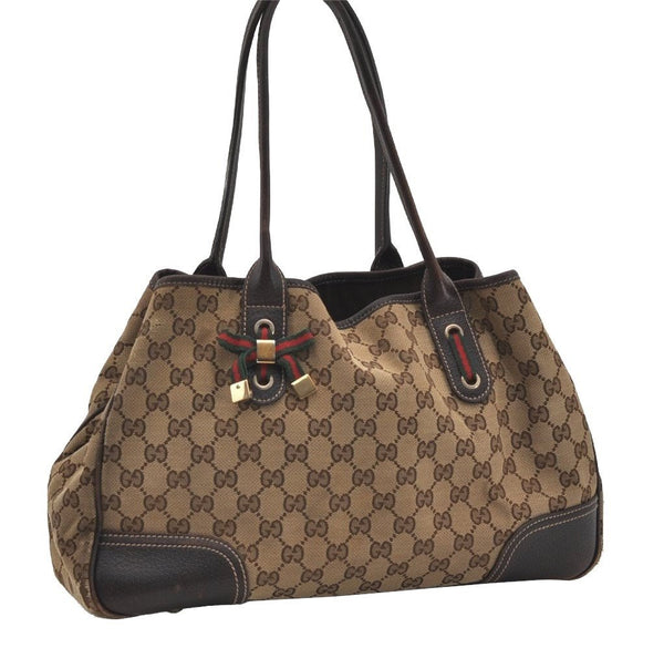 Auth GUCCI Web Sherry Line Princy Ribbon Tote Bag GG Canvas 163805 Brown 0177J