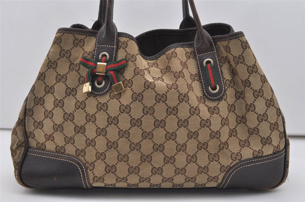 Auth GUCCI Web Sherry Line Princy Ribbon Tote Bag GG Canvas 163805 Brown 0177J