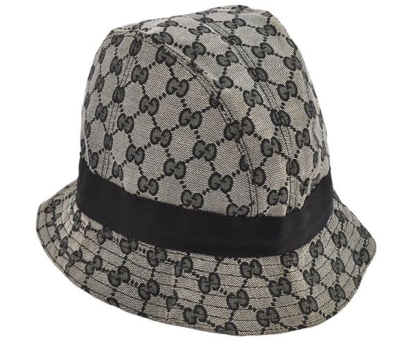 Authentic GUCCI Vintage Bucket Hat GG Canvas Leather Size L Black 0180K