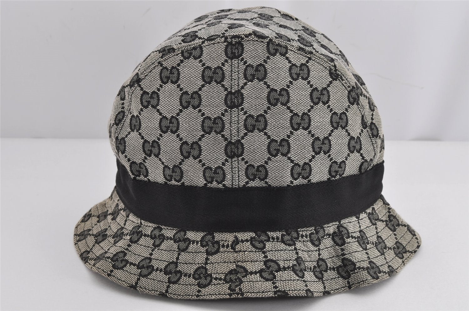 Authentic GUCCI Vintage Bucket Hat GG Canvas Leather Size L Black 0180K