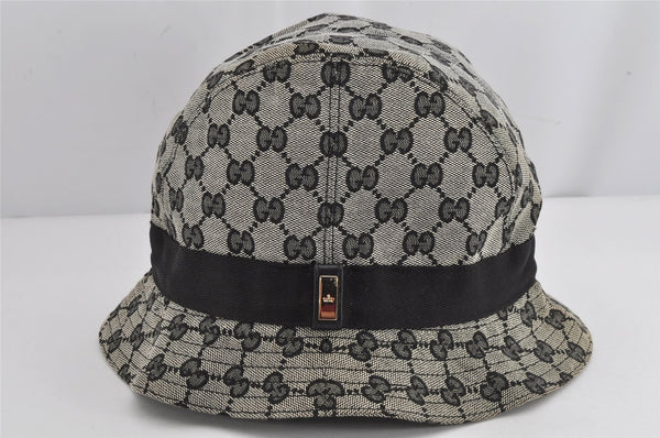 Authentic GUCCI Vintage Bucket Hat GG Canvas Leather Size L Black 0180K