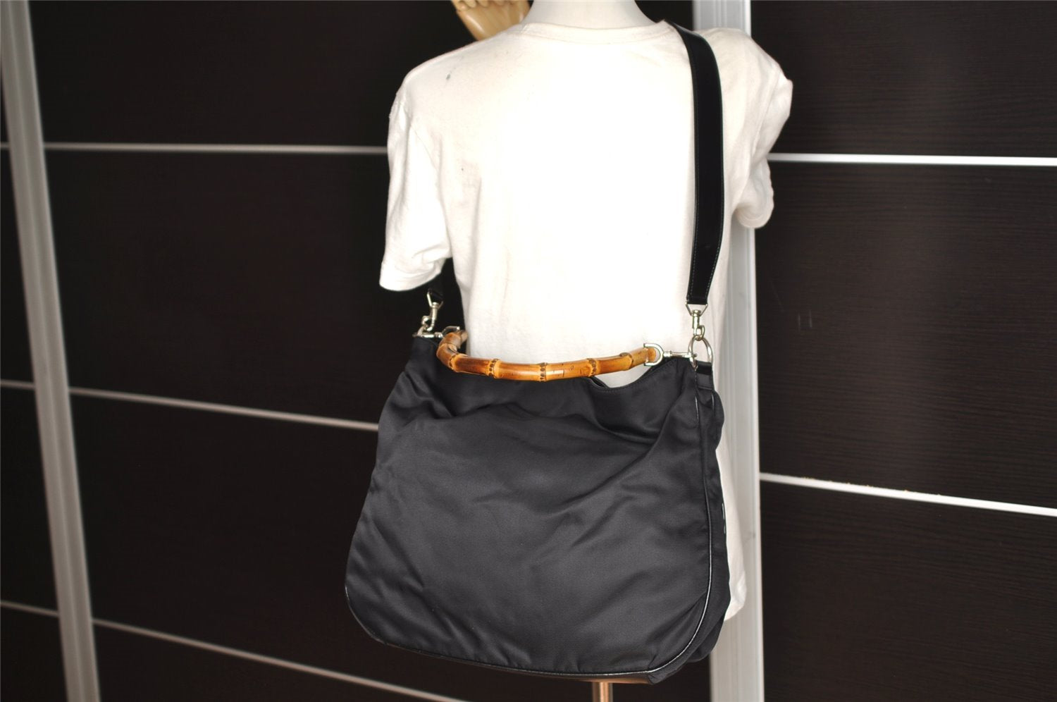 Authentic GUCCI Bamboo 2Way Shoulder Tote Bag Nylon Leather Black 0186J