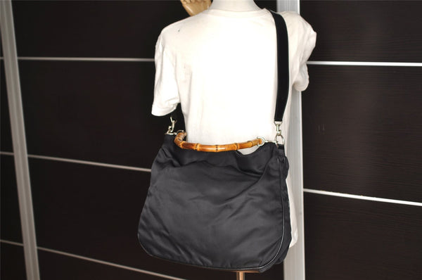 Authentic GUCCI Bamboo 2Way Shoulder Tote Bag Nylon Leather Black 0186J