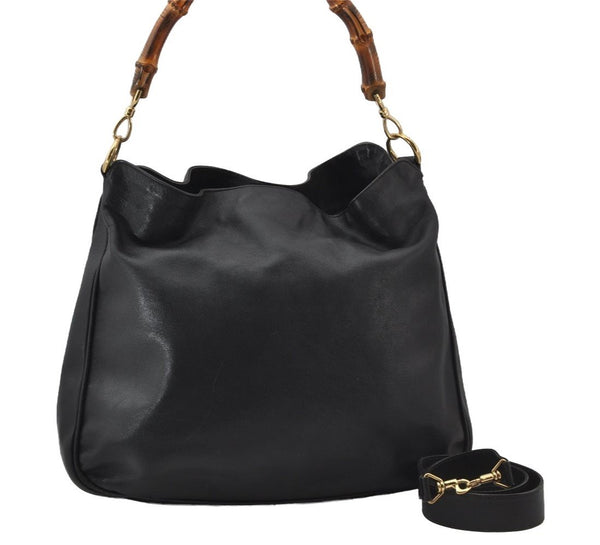 Authentic GUCCI Vintage Bamboo 2Way Shoulder Hand Bag Leather Black Junk 0187J