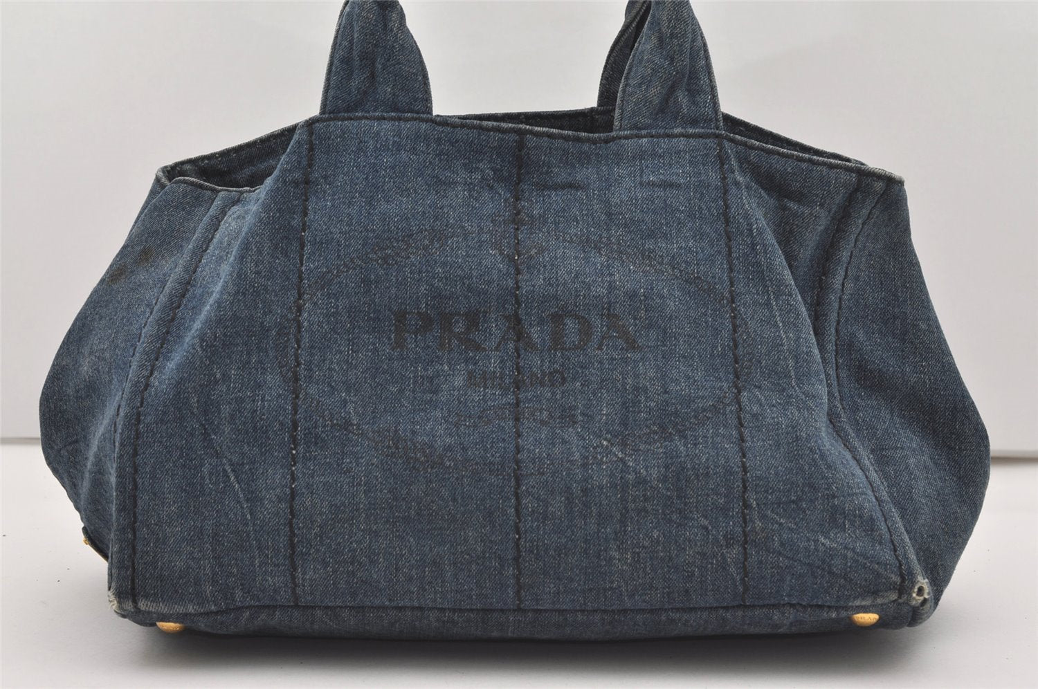 Authentic PRADA Vintage Canapa M Denim Tote Hand Bag Blue 0190J