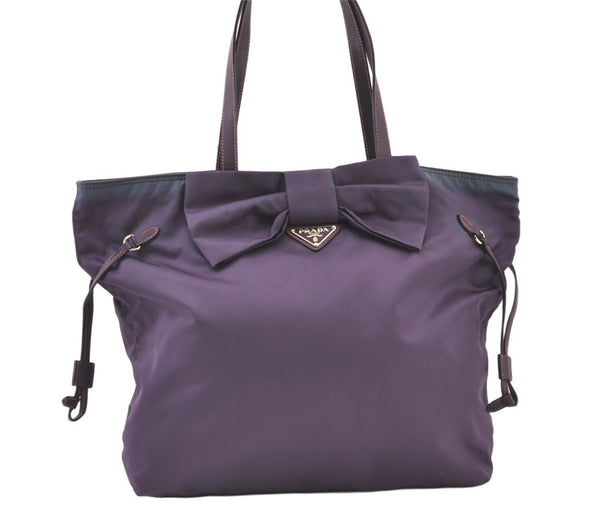 Authentic PRADA Ribbon Nylon Tessuto Saffiano Leather Tote Bag Purple 0193K