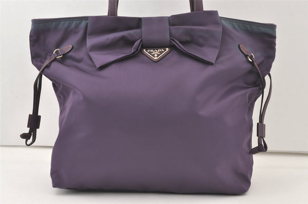 Authentic PRADA Ribbon Nylon Tessuto Saffiano Leather Tote Bag Purple 0193K