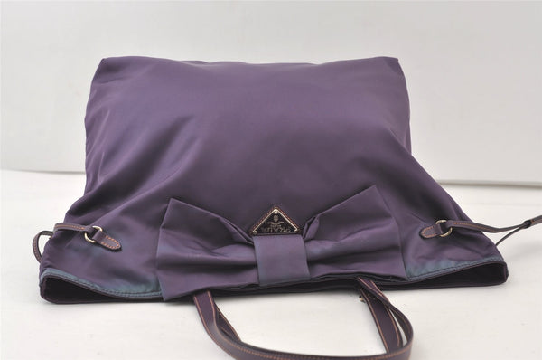 Authentic PRADA Ribbon Nylon Tessuto Saffiano Leather Tote Bag Purple 0193K