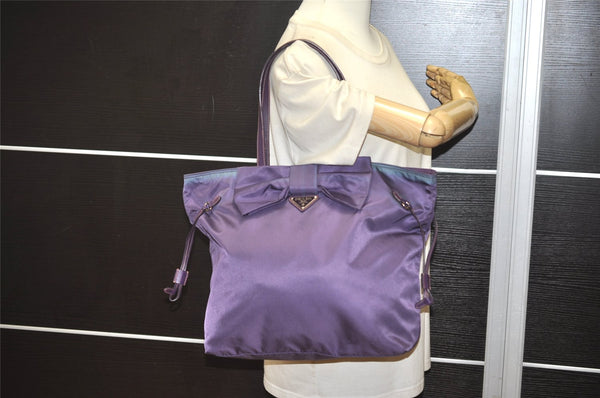 Authentic PRADA Ribbon Nylon Tessuto Saffiano Leather Tote Bag Purple 0193K