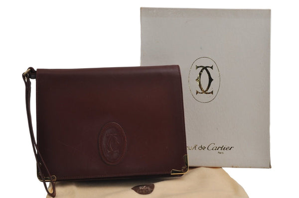 Authentic Cartier Must de Cartier Clutch Bag Leather Bordeaux Red Box 0199K