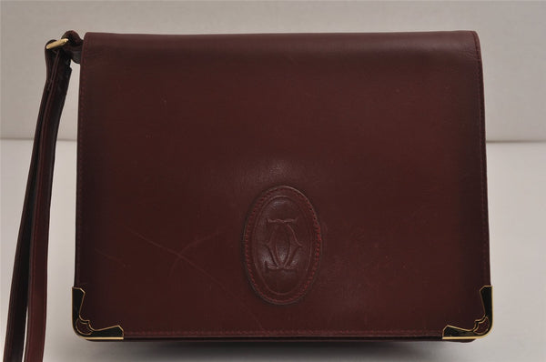 Authentic Cartier Must de Cartier Clutch Bag Leather Bordeaux Red Box 0199K