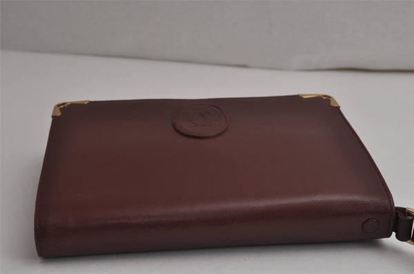 Authentic Cartier Must de Cartier Clutch Bag Leather Bordeaux Red Box 0199K