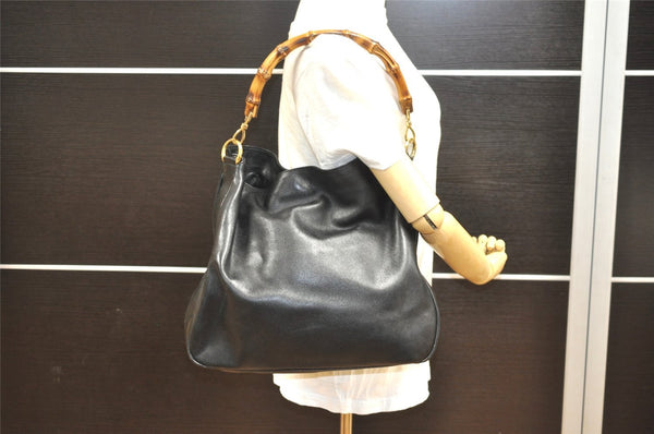 Authentic GUCCI Bamboo Shoulder Tote Bag Leather 0011577 Black Junk 0200I