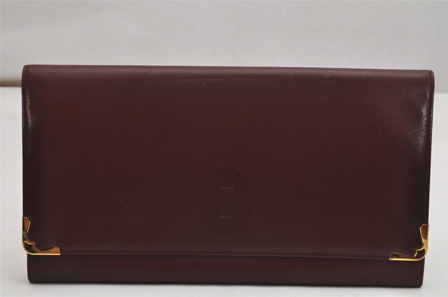 Authentic Cartier Must de Cartier Clutch Bag Leather Bordeaux Red Box 0200K