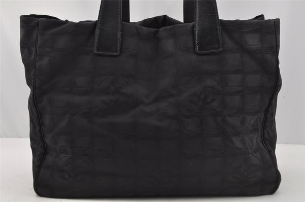 Authentic CHANEL New Travel Line Shoulder Tote Bag Nylon Leather Black 0203J