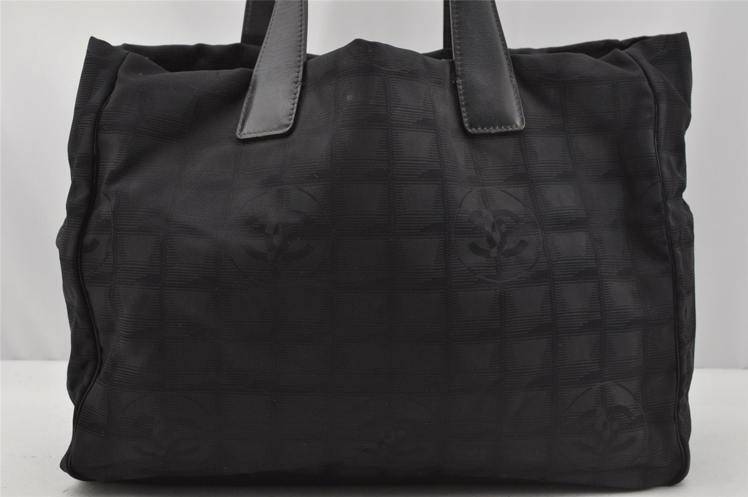Authentic CHANEL New Travel Line Shoulder Tote Bag Nylon Leather Black 0203J