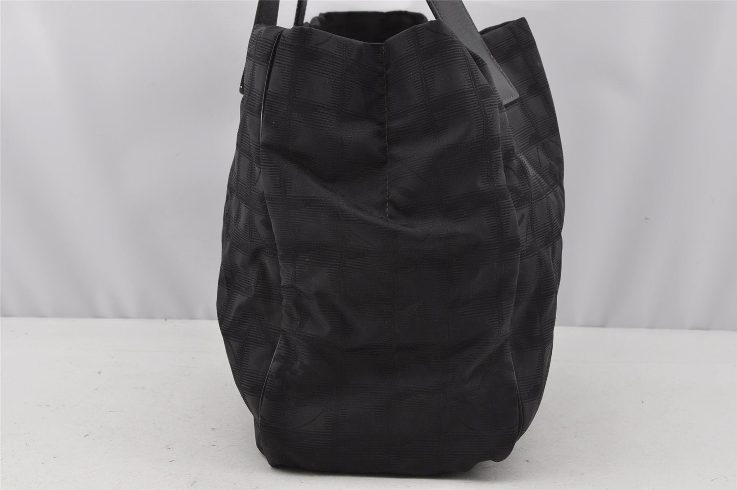 Authentic CHANEL New Travel Line Shoulder Tote Bag Nylon Leather Black 0203J