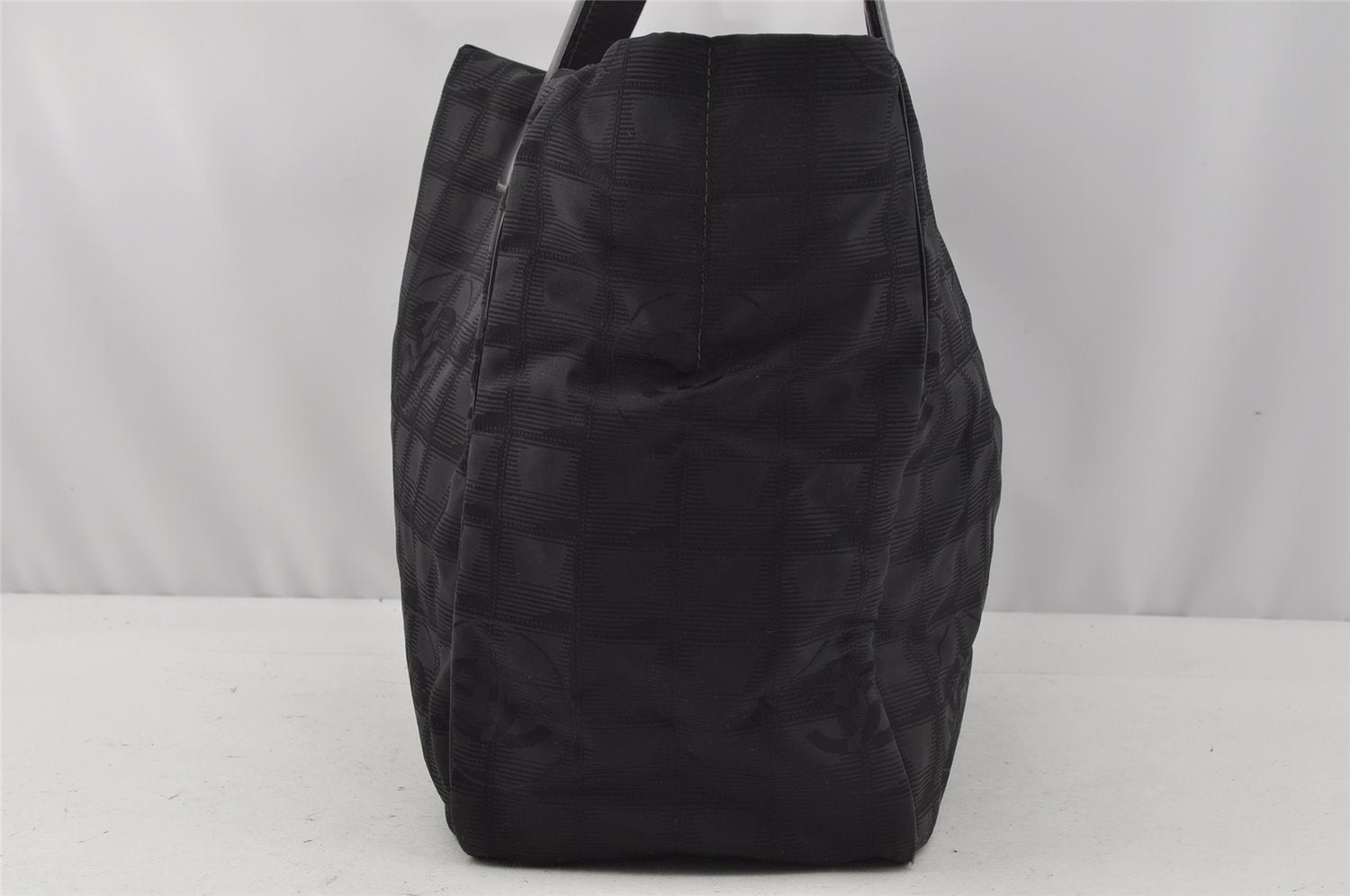 Authentic CHANEL New Travel Line Shoulder Tote Bag Nylon Leather Black 0203J