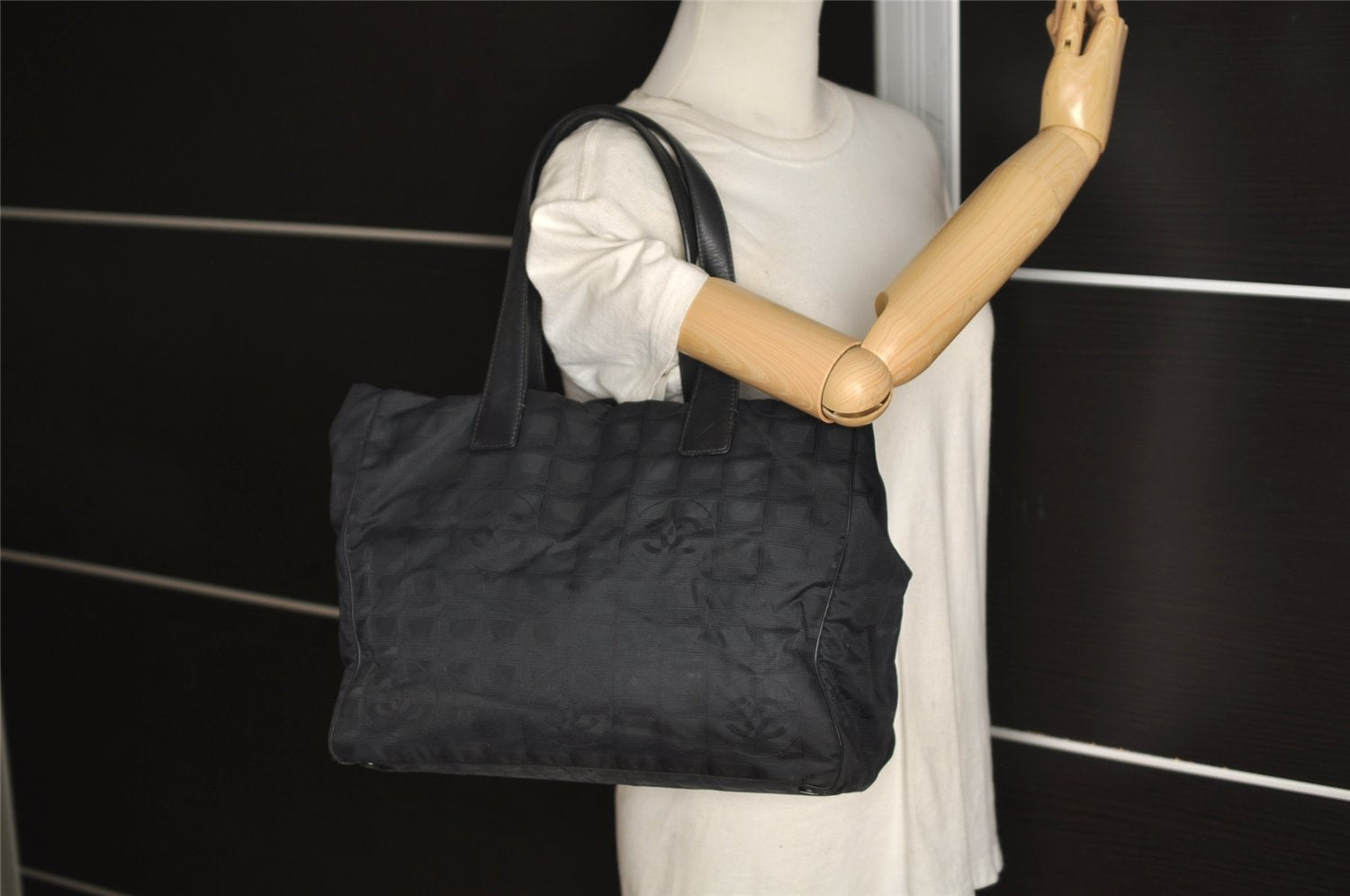 Authentic CHANEL New Travel Line Shoulder Tote Bag Nylon Leather Black 0203J