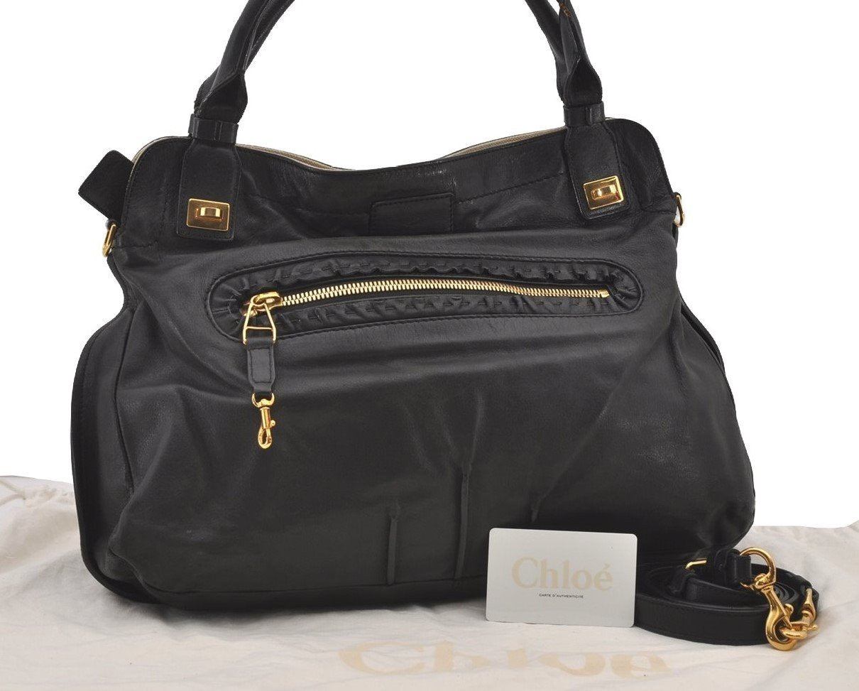 Authentic Chloe Vintage Margaret Leather 2Way Shoulder Hand Bag Black 0205J