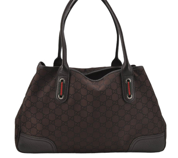 Authentic GUCCI Web Sherry Line Tote Bag GG Nylon Leather 293592 Brown 0213J
