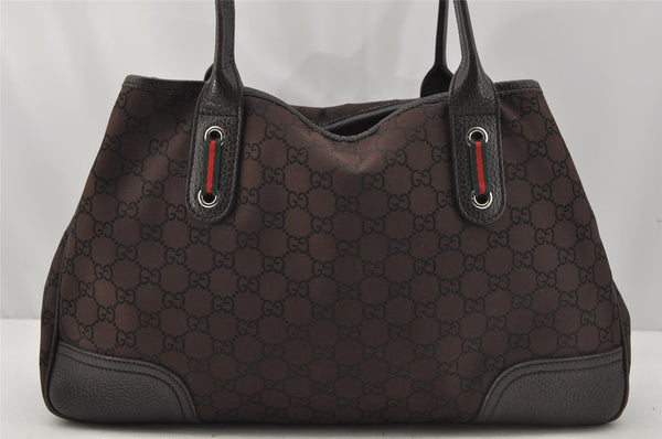 Authentic GUCCI Web Sherry Line Tote Bag GG Nylon Leather 293592 Brown 0213J