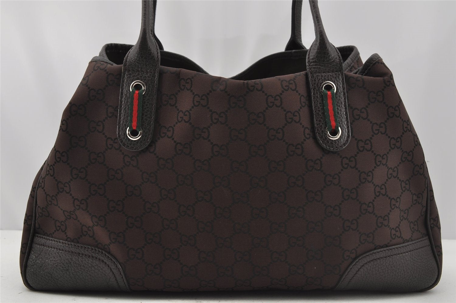 Authentic GUCCI Web Sherry Line Tote Bag GG Nylon Leather 293592 Brown 0213J
