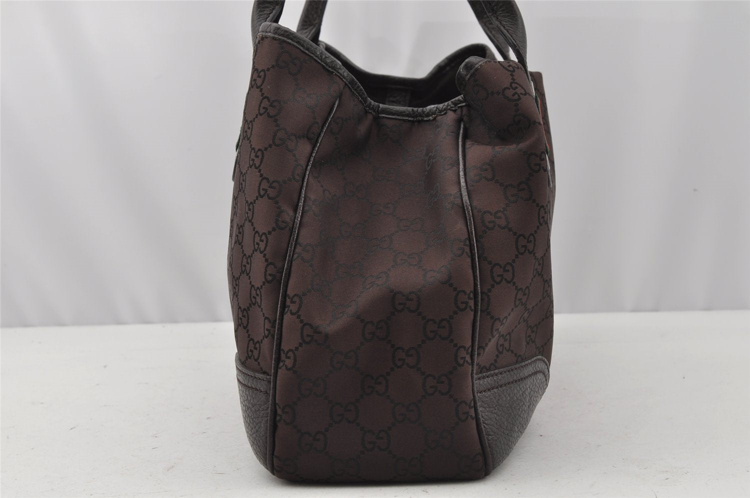 Authentic GUCCI Web Sherry Line Tote Bag GG Nylon Leather 293592 Brown 0213J