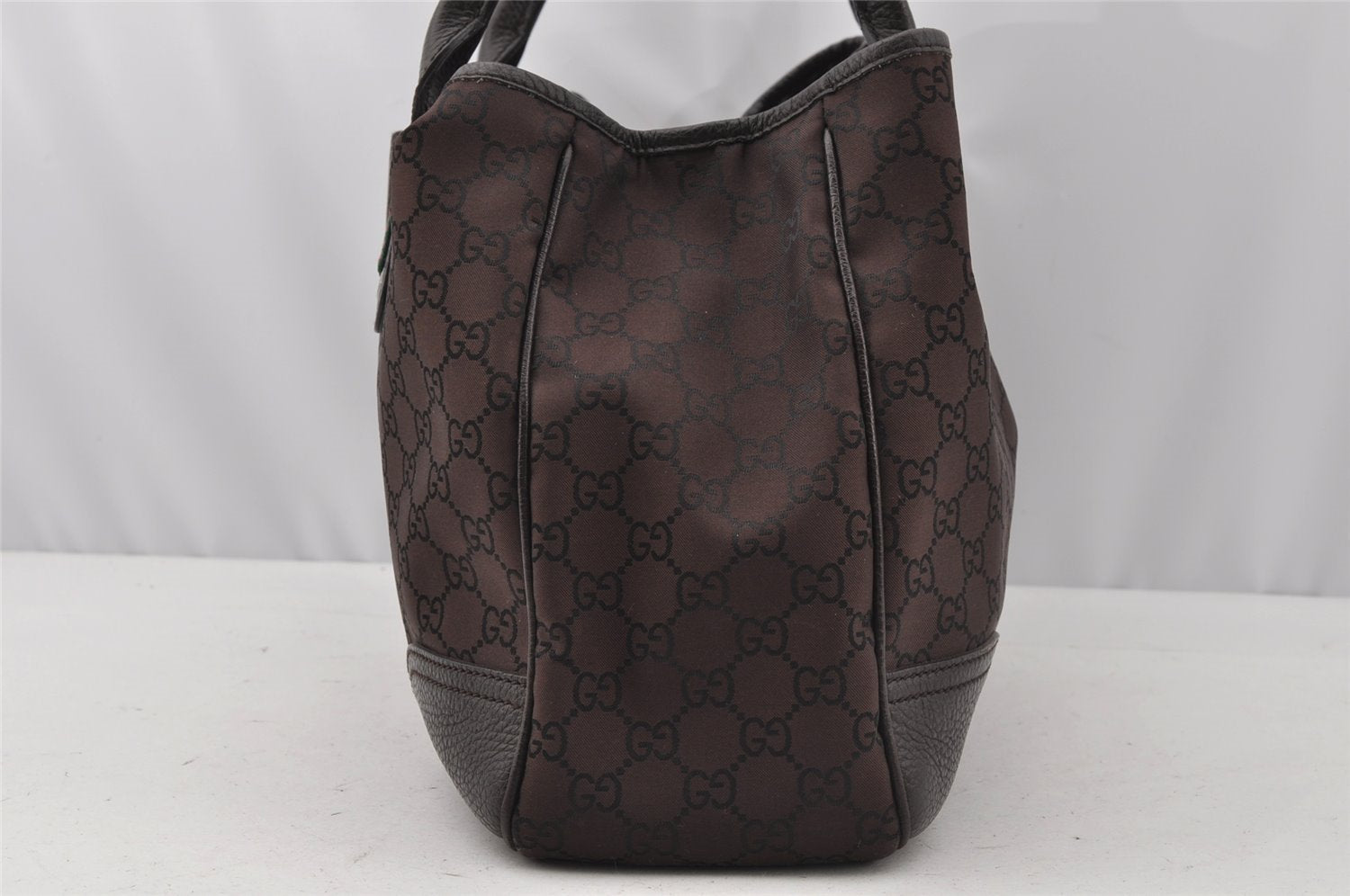 Authentic GUCCI Web Sherry Line Tote Bag GG Nylon Leather 293592 Brown 0213J