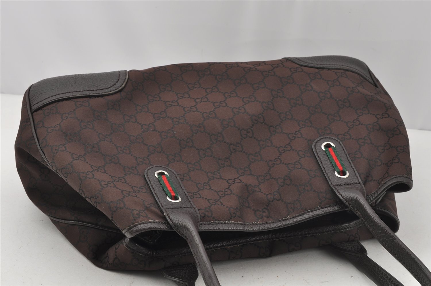 Authentic GUCCI Web Sherry Line Tote Bag GG Nylon Leather 293592 Brown 0213J