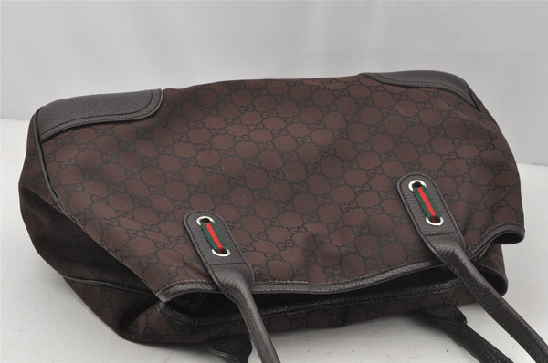 Authentic GUCCI Web Sherry Line Tote Bag GG Nylon Leather 293592 Brown 0213J