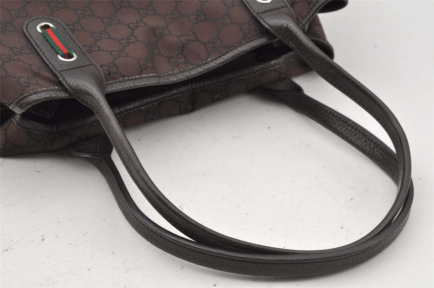 Authentic GUCCI Web Sherry Line Tote Bag GG Nylon Leather 293592 Brown 0213J