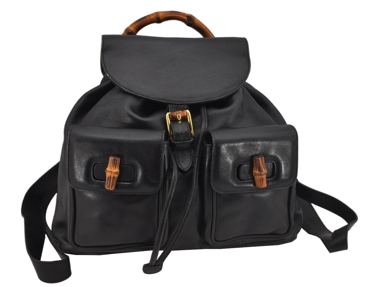 Authentic GUCCI Vintage Bamboo Drawstring Backpack Leather Black 0213K