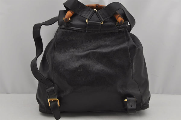 Authentic GUCCI Vintage Bamboo Drawstring Backpack Leather Black 0213K