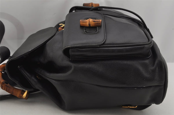 Authentic GUCCI Vintage Bamboo Drawstring Backpack Leather Black 0213K