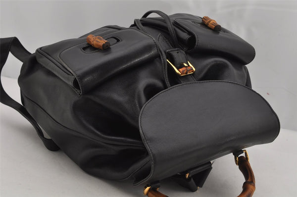 Authentic GUCCI Vintage Bamboo Drawstring Backpack Leather Black 0213K
