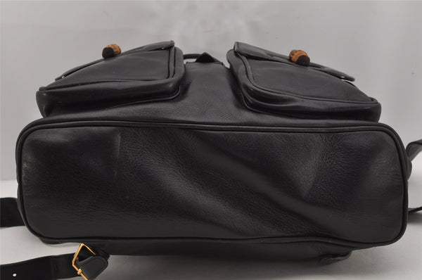 Authentic GUCCI Vintage Bamboo Drawstring Backpack Leather Black 0213K