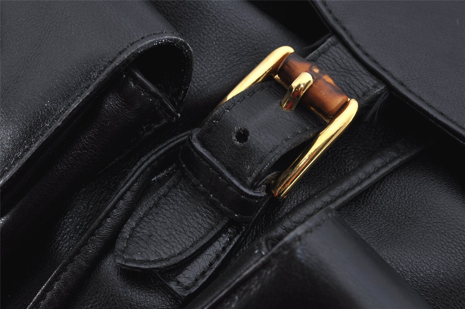 Authentic GUCCI Vintage Bamboo Drawstring Backpack Leather Black 0213K