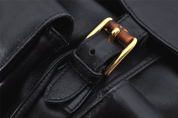 Authentic GUCCI Vintage Bamboo Drawstring Backpack Leather Black 0213K
