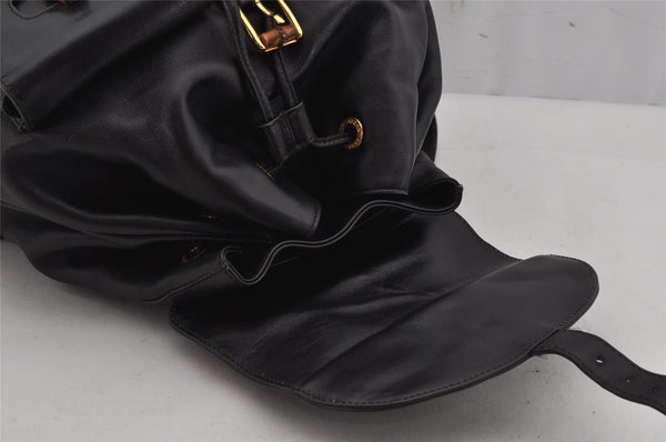 Authentic GUCCI Vintage Bamboo Drawstring Backpack Leather Black 0213K