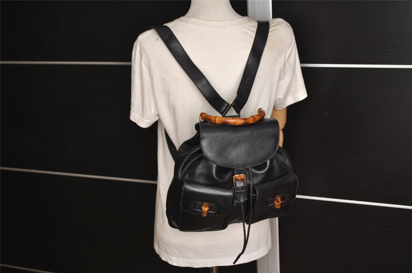 Authentic GUCCI Vintage Bamboo Drawstring Backpack Leather Black 0213K